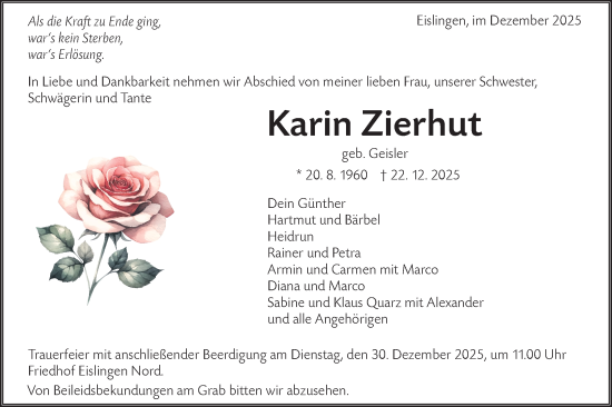 Traueranzeige von Karin Zierhut von NWZ Neue Württembergische Zeitung
