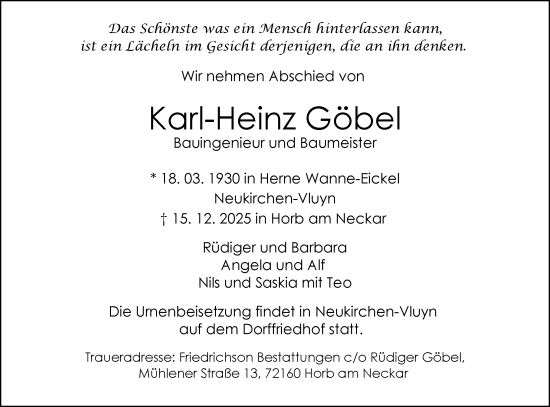 Traueranzeige von Karl-Heinz Göbel von Neckar-Chronik