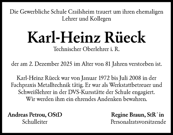 Traueranzeige von Karl-Heinz Rüeck von Hohenloher Tagblatt