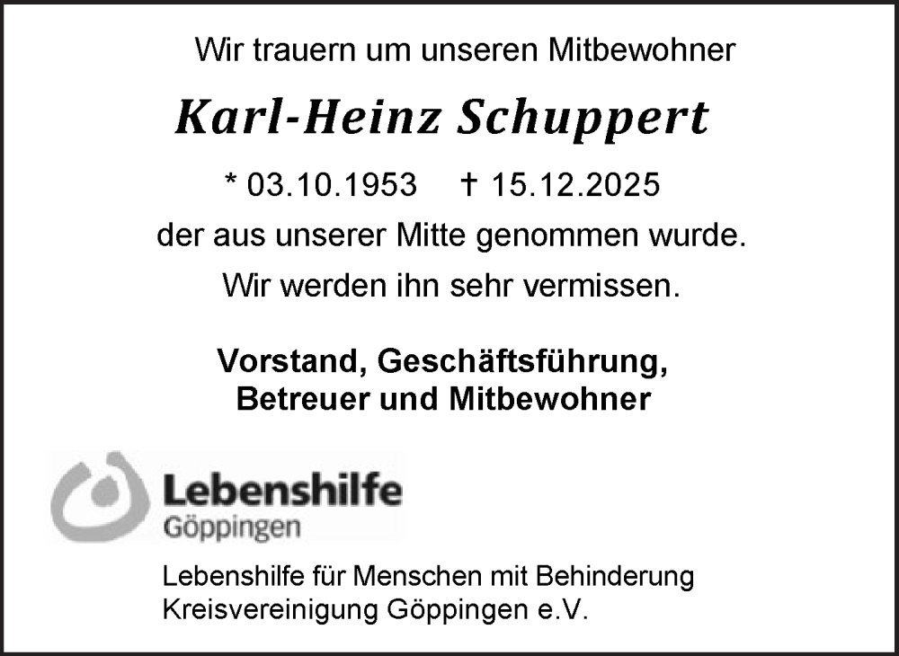  Traueranzeige für Karl-Heinz Schuppert vom 20.12.2025 aus NWZ Neue Württembergische Zeitung