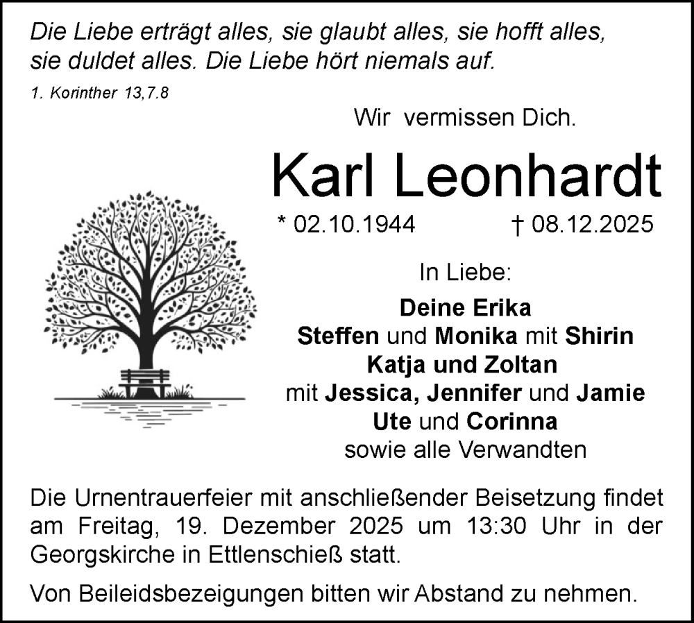  Traueranzeige für Karl Leonhardt vom 16.12.2025 aus SÜDWEST PRESSE Ausgabe Ulm/Neu-Ulm