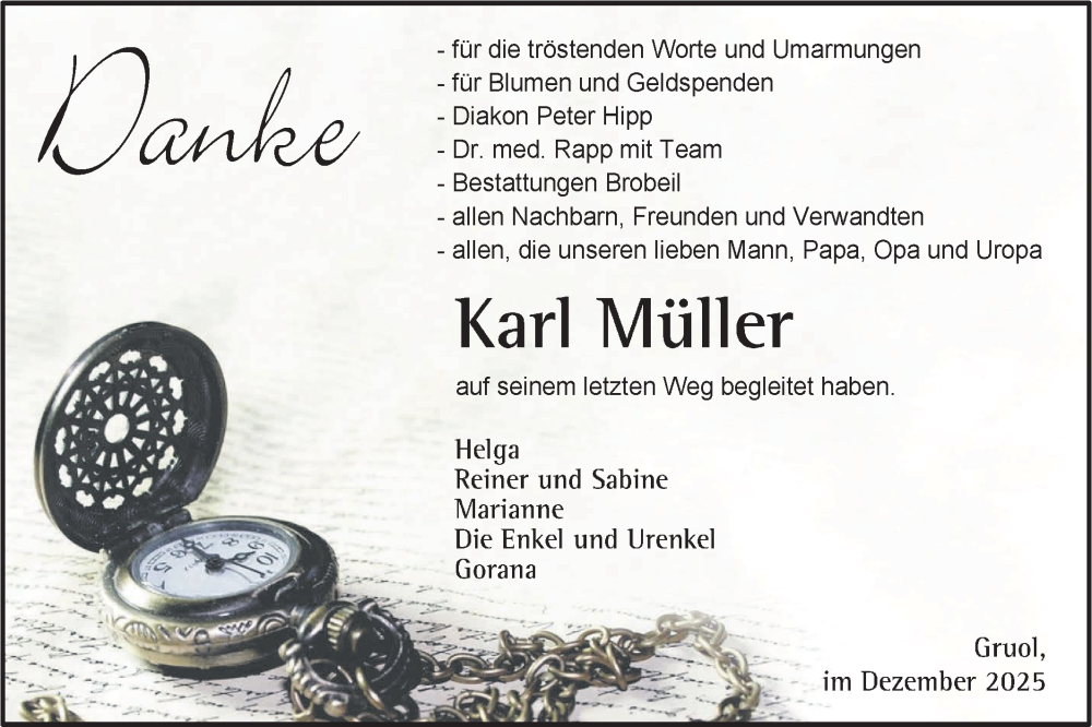  Traueranzeige für Karl Müller vom 18.12.2025 aus SÜDWEST PRESSE Zollernalbkreis/Hohenzollerische Zeitung