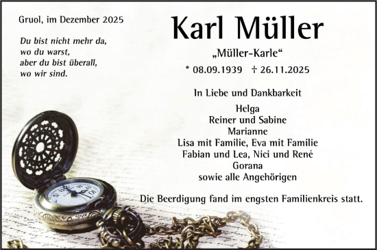 Traueranzeige von Karl Müller von SÜDWEST PRESSE Zollernalbkreis/Hohenzollerische Zeitung