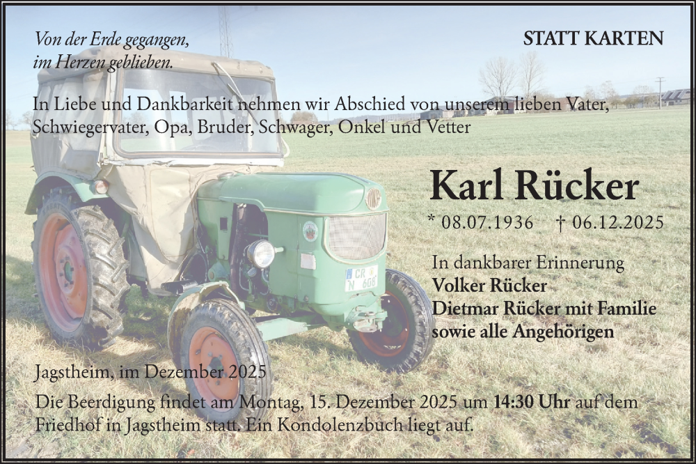  Traueranzeige für Karl Rücker vom 12.12.2025 aus Hohenloher Tagblatt