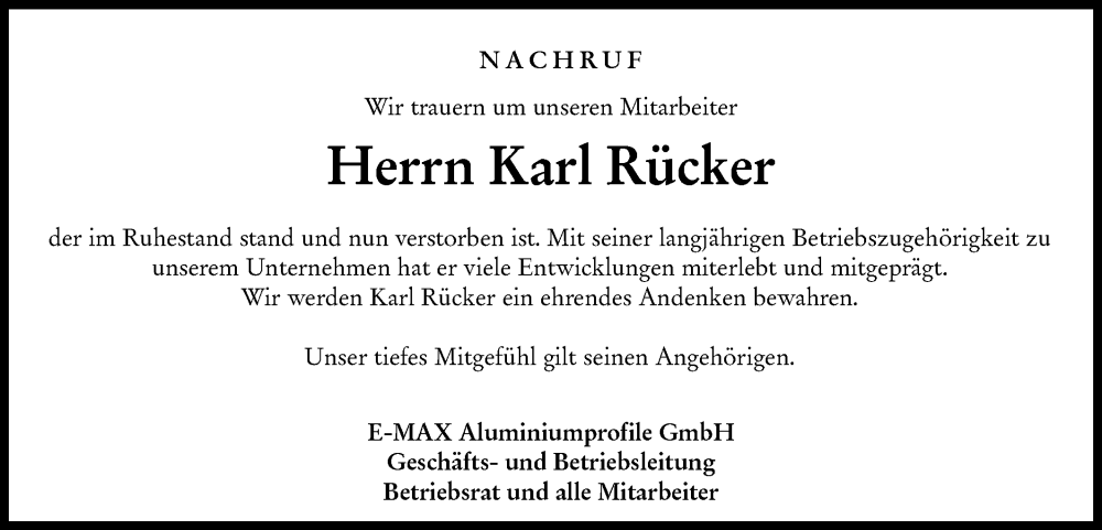  Traueranzeige für Karl Rücker vom 12.12.2025 aus Hohenloher Tagblatt