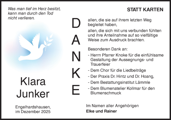 Traueranzeige von Klara Junker von Hohenloher Tagblatt