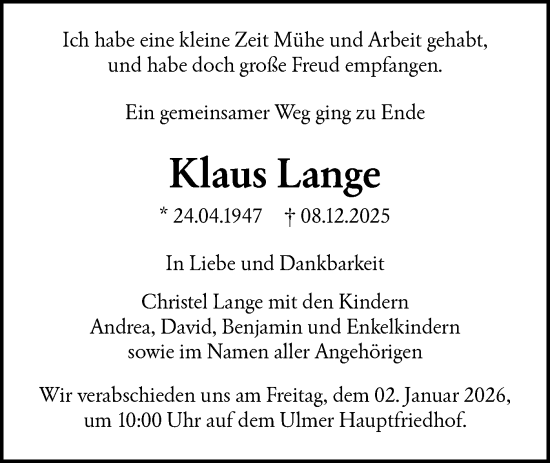 Traueranzeige von Klaus Lange von SÜDWEST PRESSE Ausgabe Ulm/Neu-Ulm