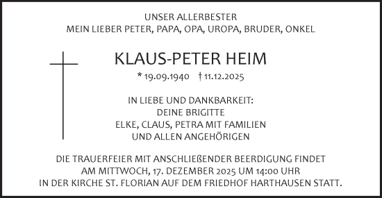 Traueranzeige von Klaus-Peter Heim von SÜDWEST PRESSE Ausgabe Ulm/Neu-Ulm