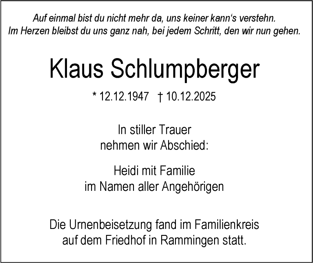  Traueranzeige für Klaus Schlumpberger vom 20.12.2025 aus SÜDWEST PRESSE Ausgabe Ulm/Neu-Ulm
