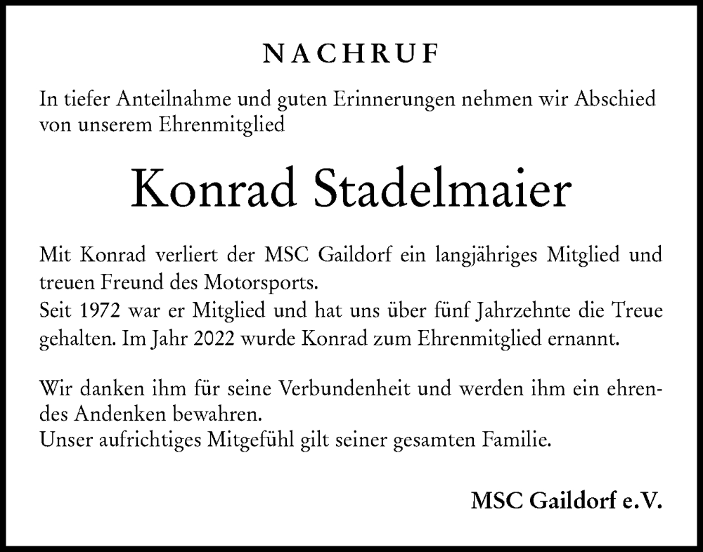  Traueranzeige für Konrad Stadelmaier vom 11.12.2025 aus Rundschau Gaildorf