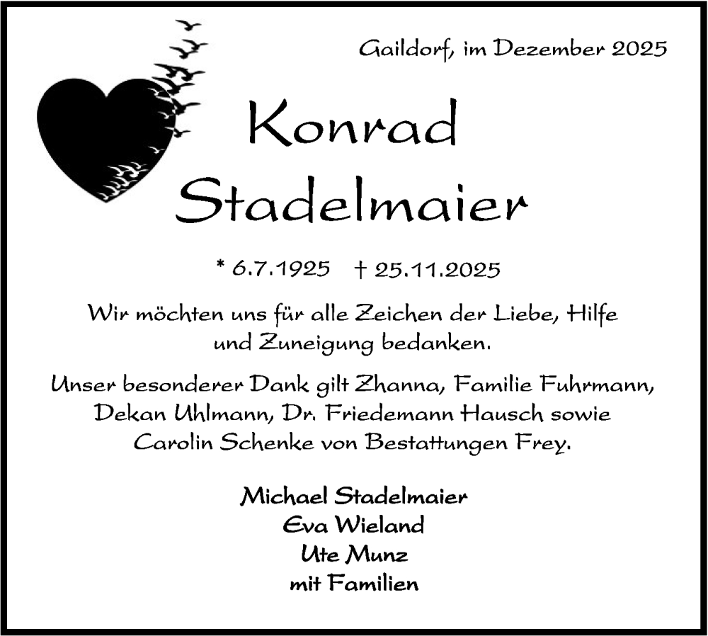  Traueranzeige für Konrad Stadelmaier vom 20.12.2025 aus Rundschau Gaildorf