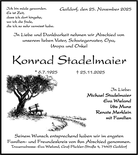 Traueranzeige von Konrad Stadelmaier von Rundschau Gaildorf