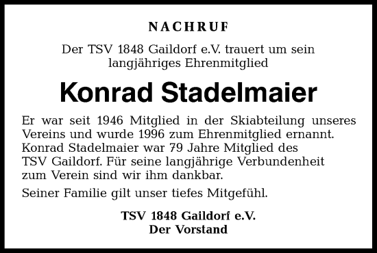 Traueranzeige von Konrad Stadelmaier von Rundschau Gaildorf