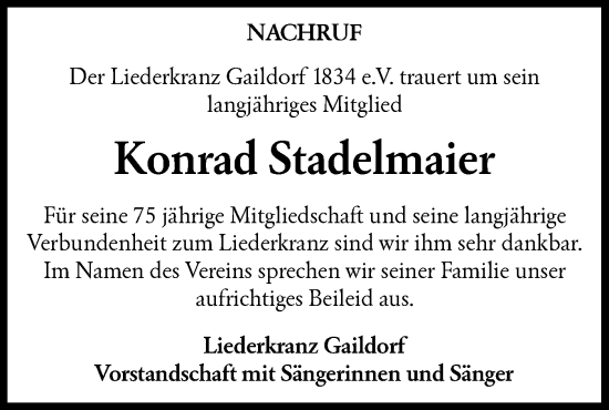 Traueranzeige von Konrad Stadelmaier von Rundschau Gaildorf