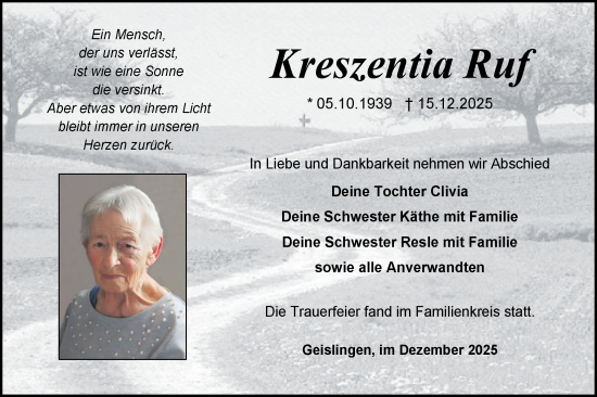 Traueranzeige von Kreszentia Ruf von SÜDWEST PRESSE Zollernalbkreis/Hohenzollerische Zeitung