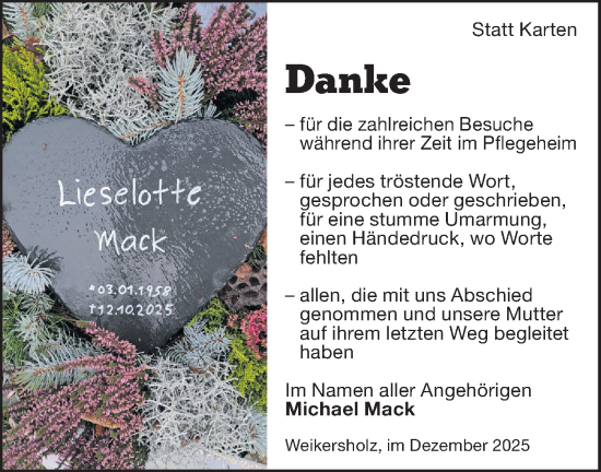 Traueranzeige von Lieselotte Mack von Hohenloher Tagblatt