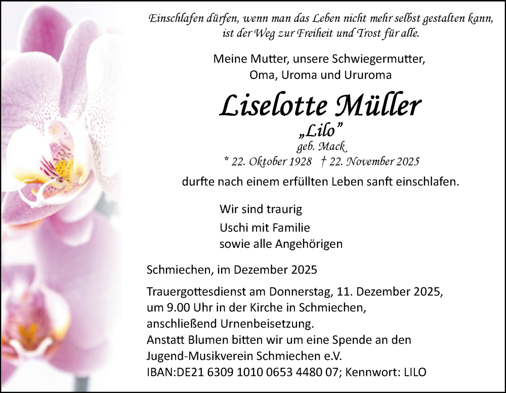  Traueranzeige für Liselotte Müller vom 08.12.2025 aus Ehinger Tagblatt