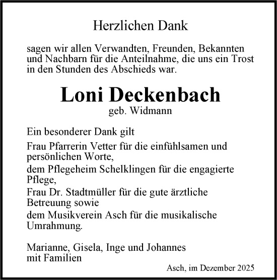 Traueranzeige von Loni Deckenbach von SÜDWEST PRESSE Ausgabe Ulm/Neu-Ulm