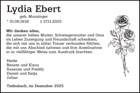 Traueranzeige von Lydia Ebert von Hohenloher Tagblatt