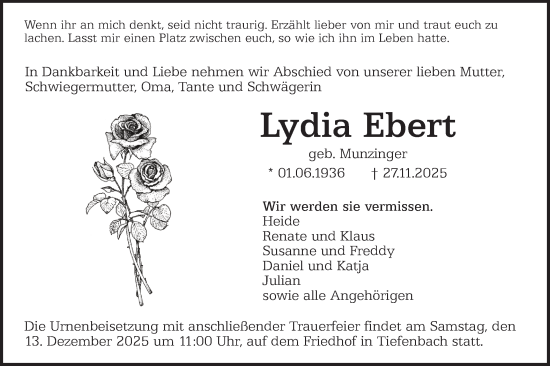 Traueranzeige von Lydia Ebert von Hohenloher Tagblatt