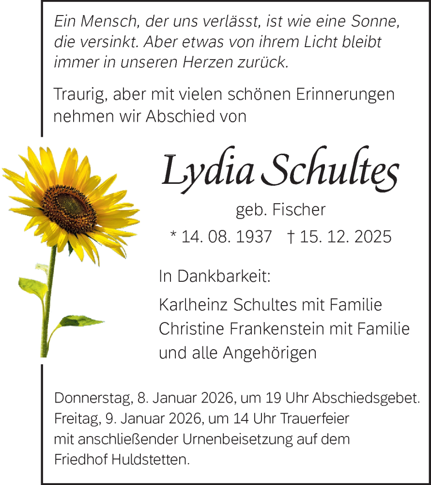  Traueranzeige für Lydia Schultes vom 31.12.2025 aus Alb-Bote/Metzinger-Uracher Volksblatt