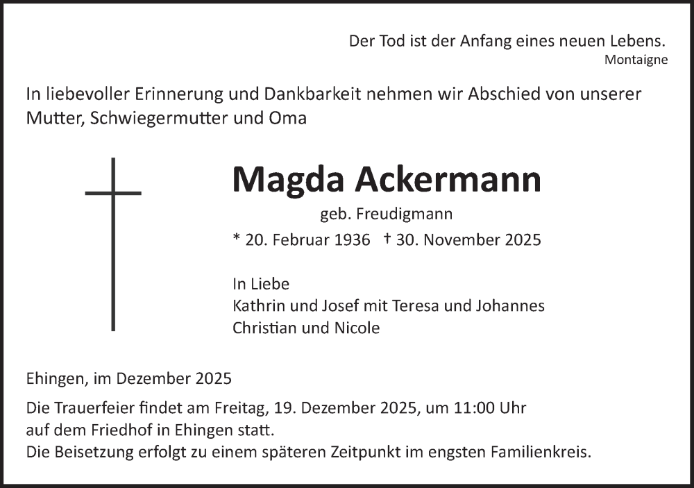  Traueranzeige für Magda Ackermann vom 16.12.2025 aus Ehinger Tagblatt