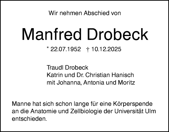 Traueranzeige von Manfred Drobeck von SÜDWEST PRESSE Ausgabe Ulm/Neu-Ulm