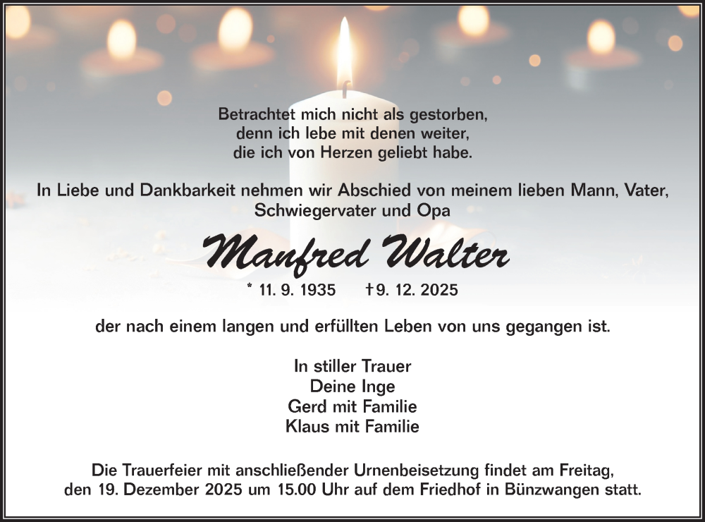  Traueranzeige für Manfred Walter vom 16.12.2025 aus NWZ Neue Württembergische Zeitung
