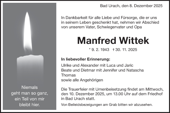 Traueranzeige von Manfred Wittek von Alb-Bote/Metzinger-Uracher Volksblatt