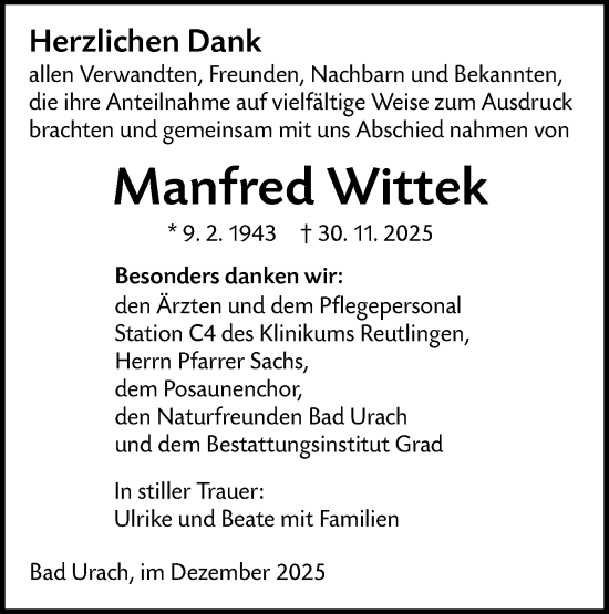 Traueranzeige von Manfred Wittek von Alb-Bote/Metzinger-Uracher Volksblatt