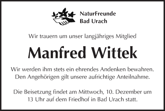 Traueranzeige von Manfred Wittek von Alb-Bote/Metzinger-Uracher Volksblatt
