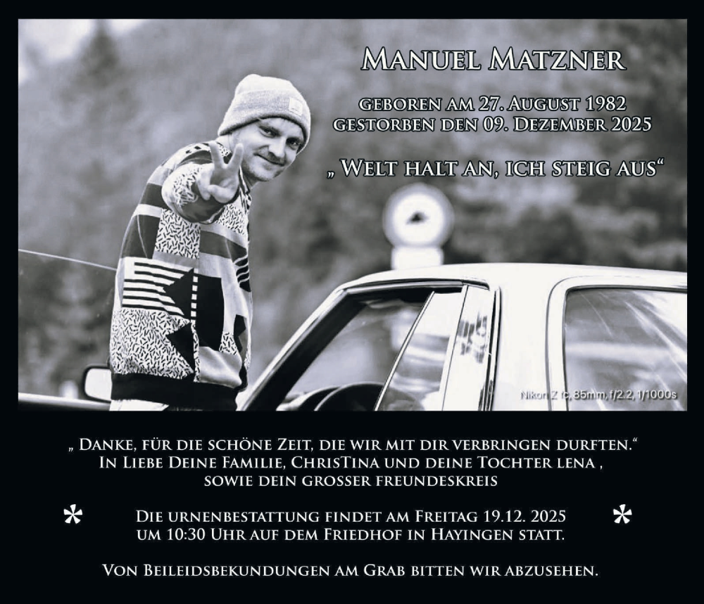  Traueranzeige für Manuel Matzner vom 17.12.2025 aus Alb-Bote/Metzinger-Uracher Volksblatt