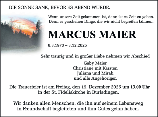 Traueranzeige von Marcus Maier von SÜDWEST PRESSE Zollernalbkreis/Hohenzollerische Zeitung