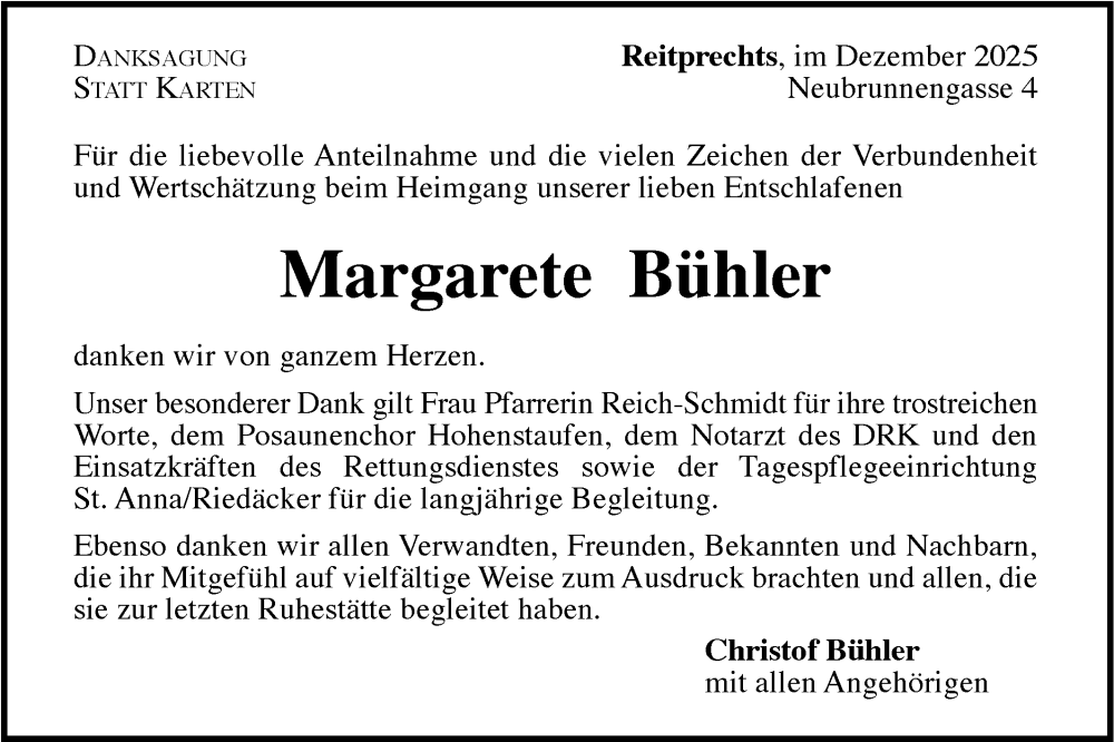  Traueranzeige für Margarete Bühler vom 31.12.2025 aus NWZ Neue Württembergische Zeitung