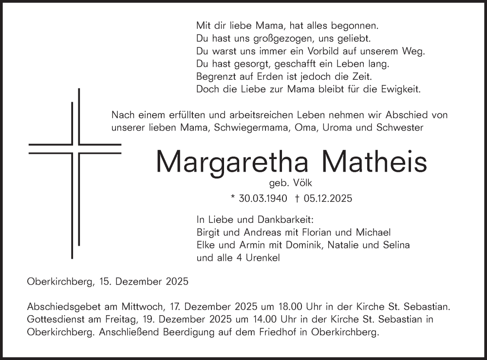  Traueranzeige für Margaretha Matheis vom 15.12.2025 aus SÜDWEST PRESSE Ausgabe Ulm/Neu-Ulm
