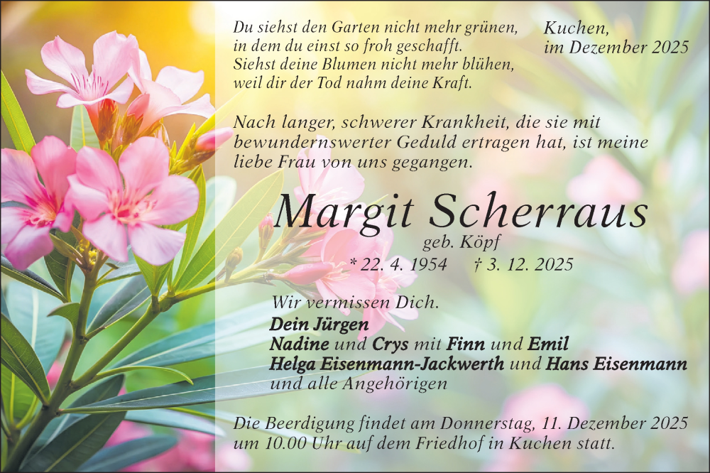  Traueranzeige für Margit Scherraus vom 06.12.2025 aus Geislinger Zeitung