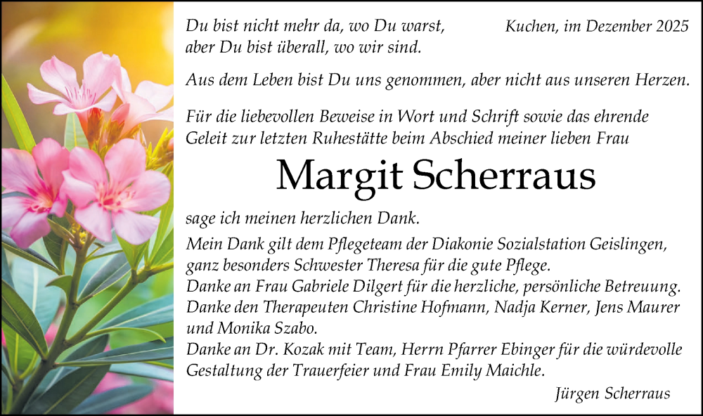  Traueranzeige für Margit Scherraus vom 20.12.2025 aus Geislinger Zeitung