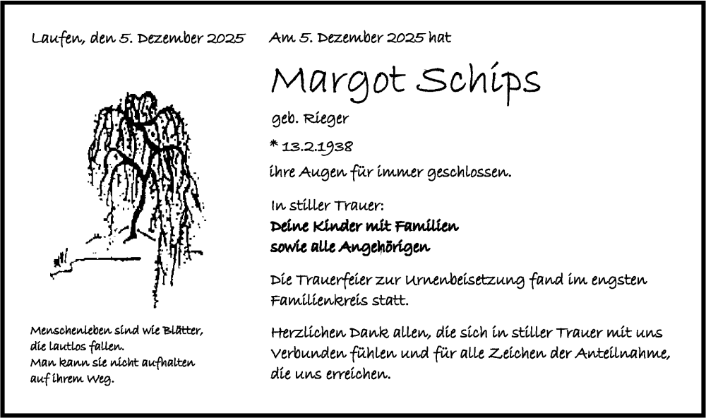  Traueranzeige für Margot Schips vom 20.12.2025 aus Rundschau Gaildorf