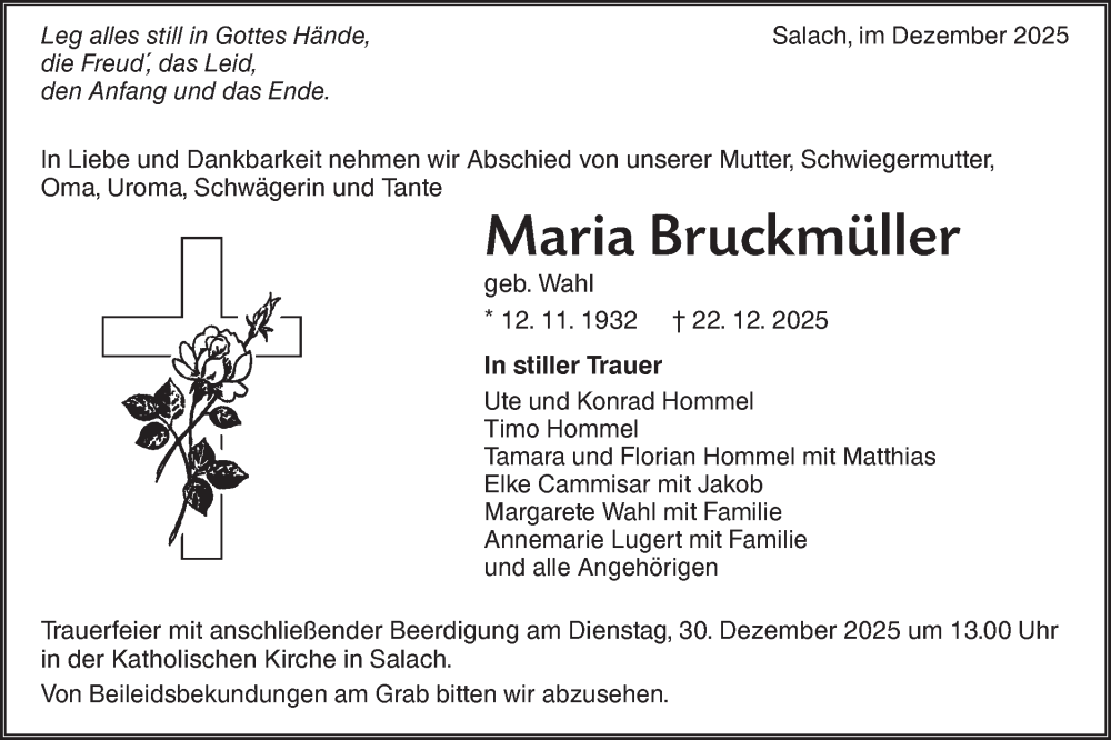  Traueranzeige für Maria Bruckmüller vom 27.12.2025 aus NWZ Neue Württembergische Zeitung
