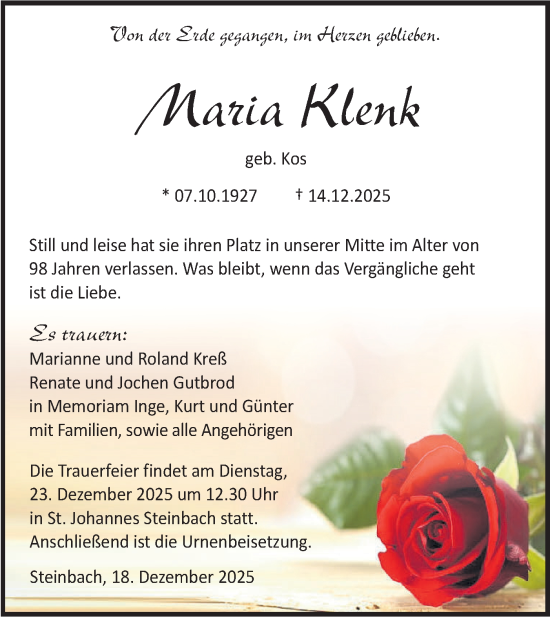 Traueranzeige von Maria Klenk von Haller Tagblatt