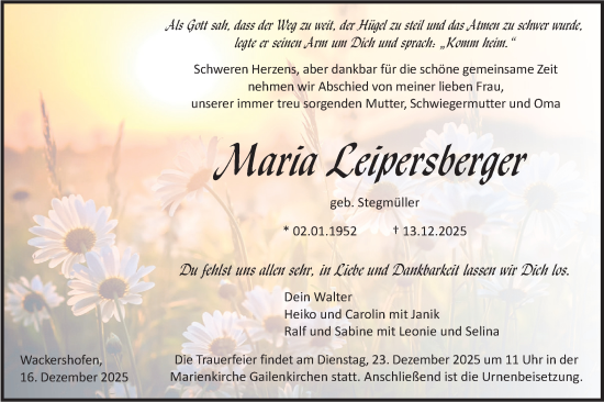 Traueranzeige von Maria Leipersberger von Haller Tagblatt