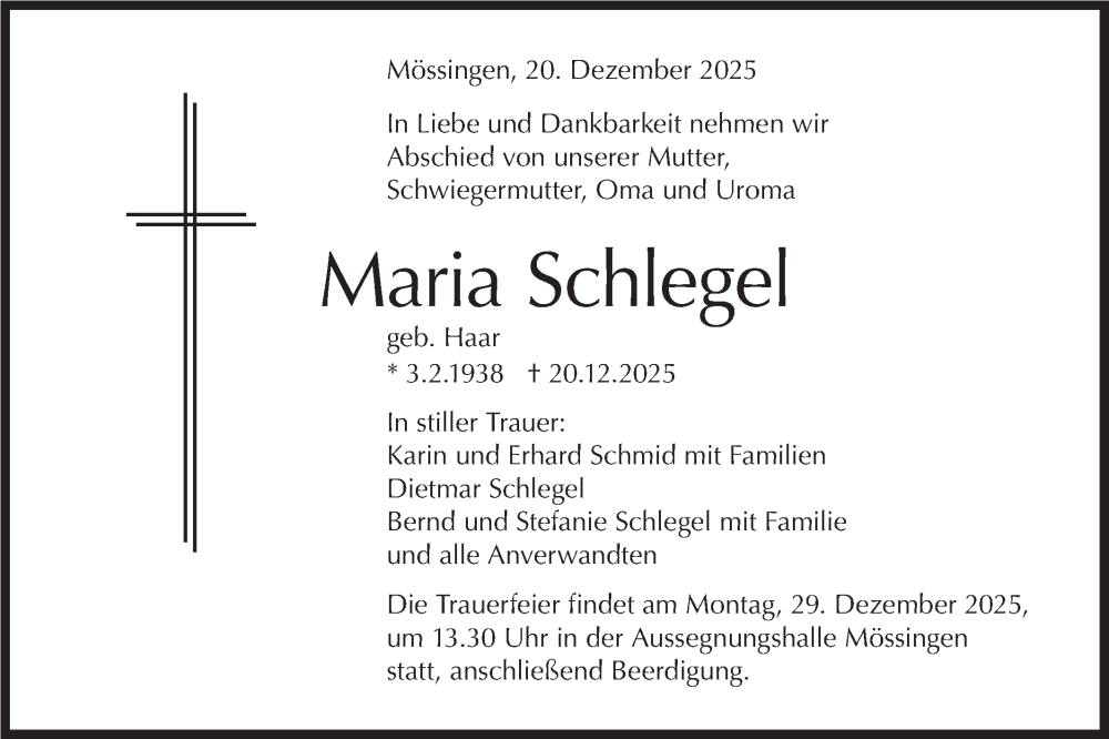  Traueranzeige für Maria Schlegel vom 23.12.2025 aus Schwäbische Tagblatt