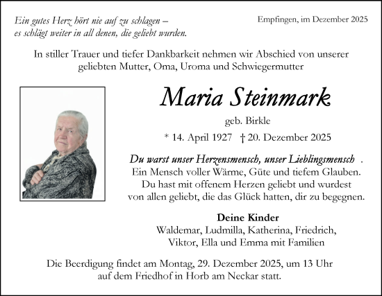 Traueranzeige von Maria Steinmark von Neckar-Chronik