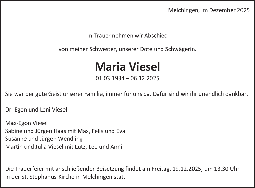 Traueranzeige für Maria Viesel vom 16.12.2025 aus SÜDWEST PRESSE Zollernalbkreis/Hohenzollerische Zeitung