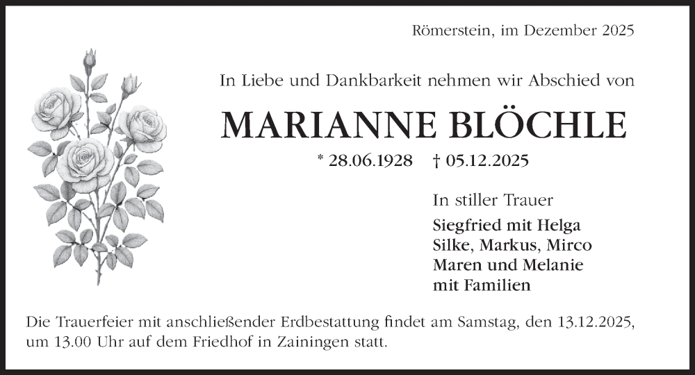  Traueranzeige für Marianne Blöchle vom 11.12.2025 aus Alb-Bote/Metzinger-Uracher Volksblatt