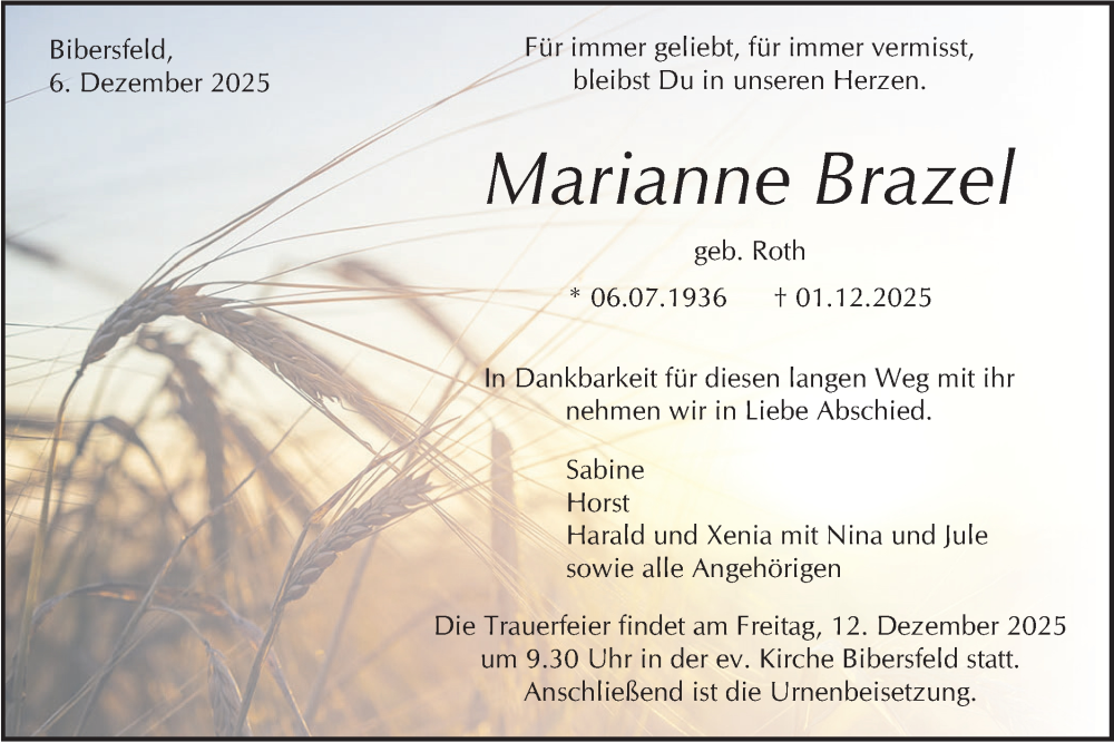  Traueranzeige für Marianne Brazel vom 06.12.2025 aus Haller Tagblatt