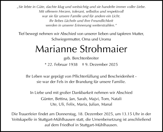 Traueranzeige von Marianne Strohmaier von SÜDWEST PRESSE Ausgabe Ulm/Neu-Ulm