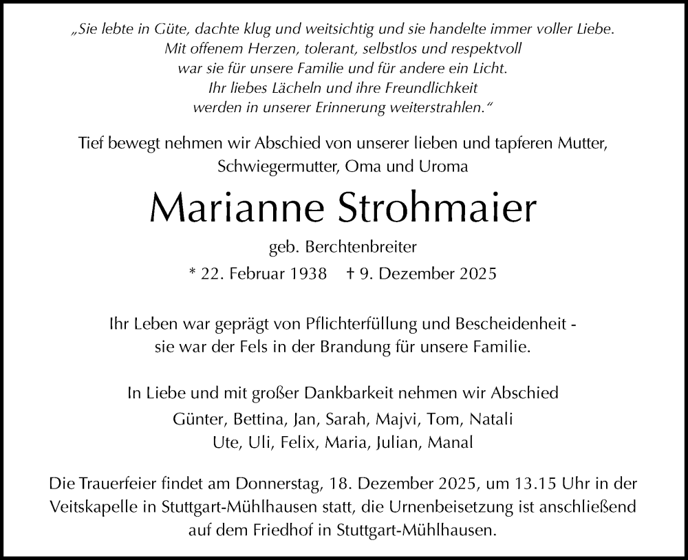  Traueranzeige für Marianne Strohmaier vom 15.12.2025 aus SÜDWEST PRESSE Ausgabe Ulm/Neu-Ulm