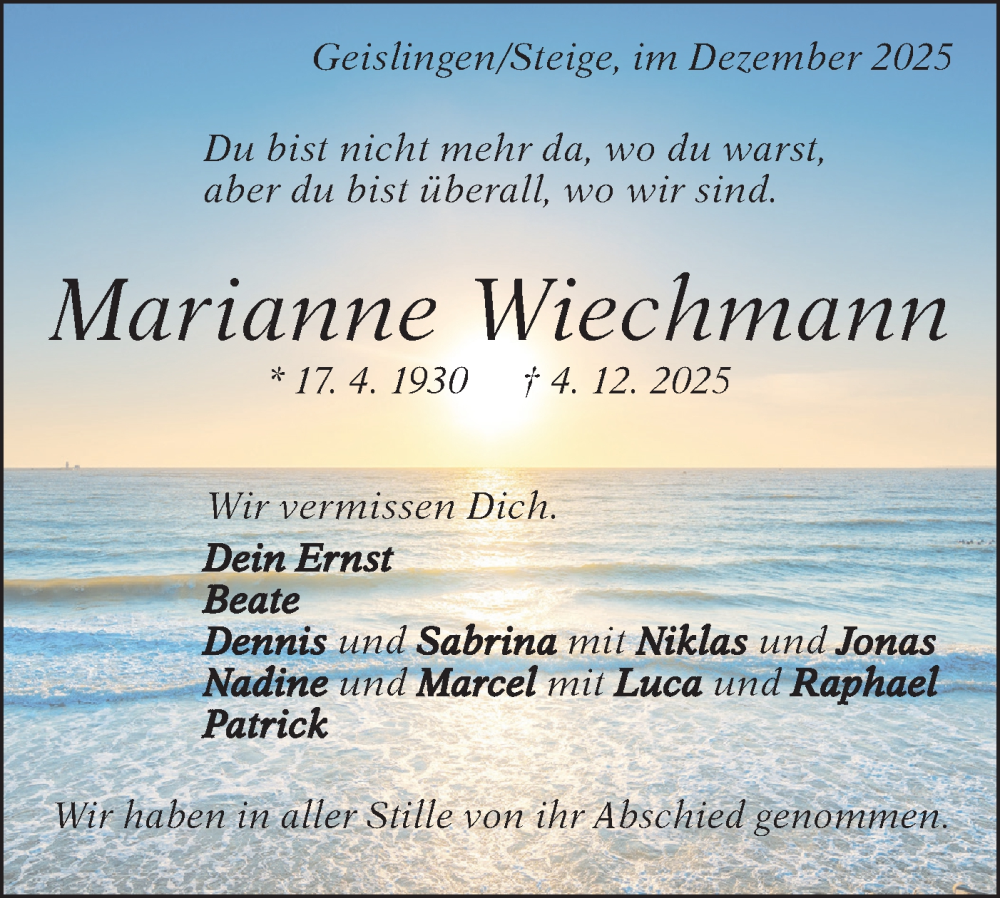  Traueranzeige für Marianne Wiechmann vom 16.12.2025 aus Geislinger Zeitung