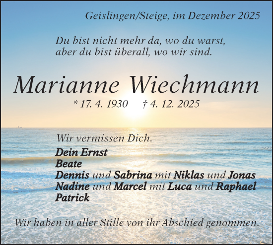 Traueranzeige von Marianne Wiechmann von Geislinger Zeitung